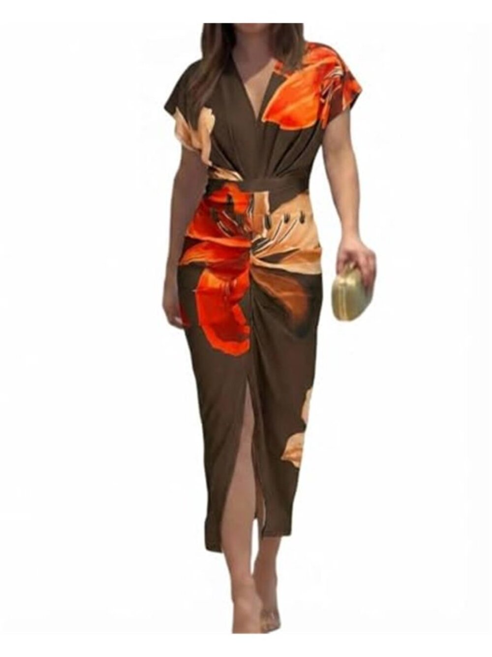 Women's Summer Dress Floral Print Plunge V Neck Midi Dress